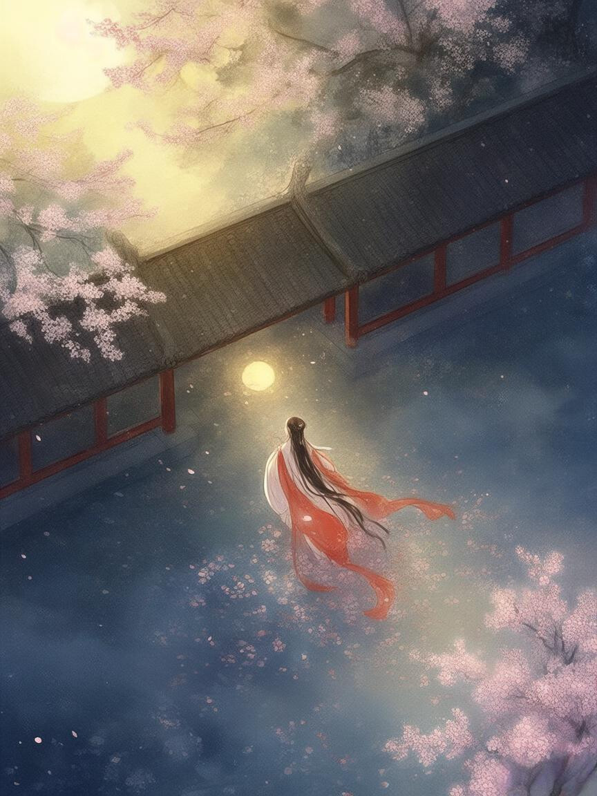 俯视，古风女子，庭院，樱花