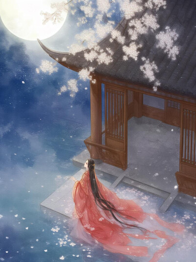 俯视，古风女子，庭院，樱花