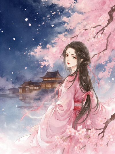 樱花，古风女子，回眸