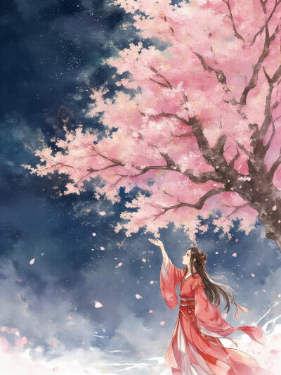 樱花雨，手捧花瓣，古风女子