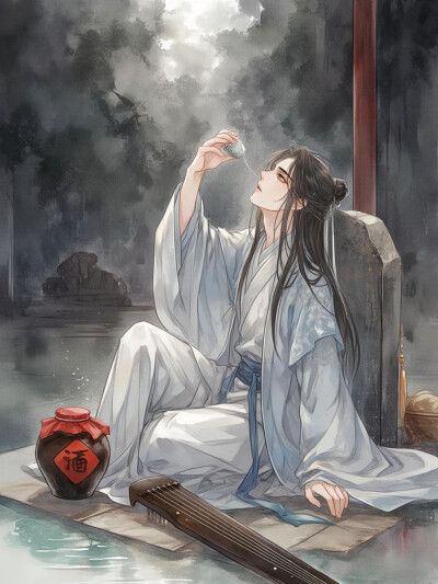 古风男子，喝酒，祭奠，墓碑，颓废