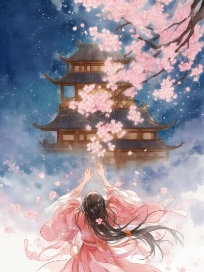 樱花雨，手捧花瓣，古风女子