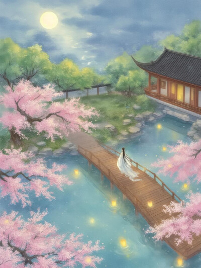 俯视，古风女子，庭院，樱花