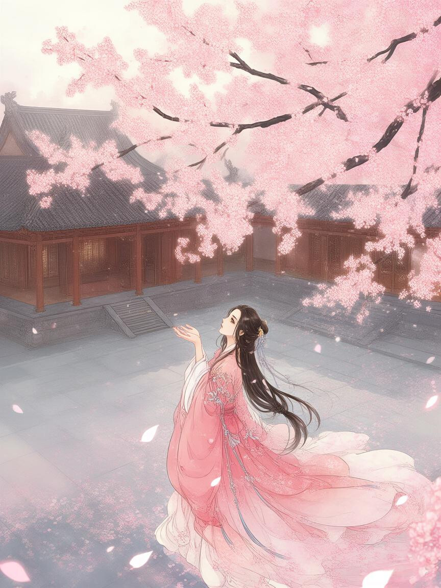 樱花雨，手捧花瓣，古风女子