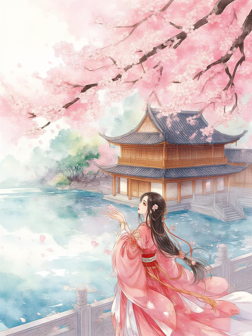 樱花雨，手捧花瓣，古风女子