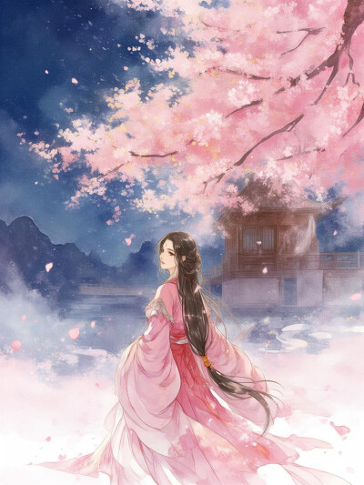 樱花，古风女子，回眸