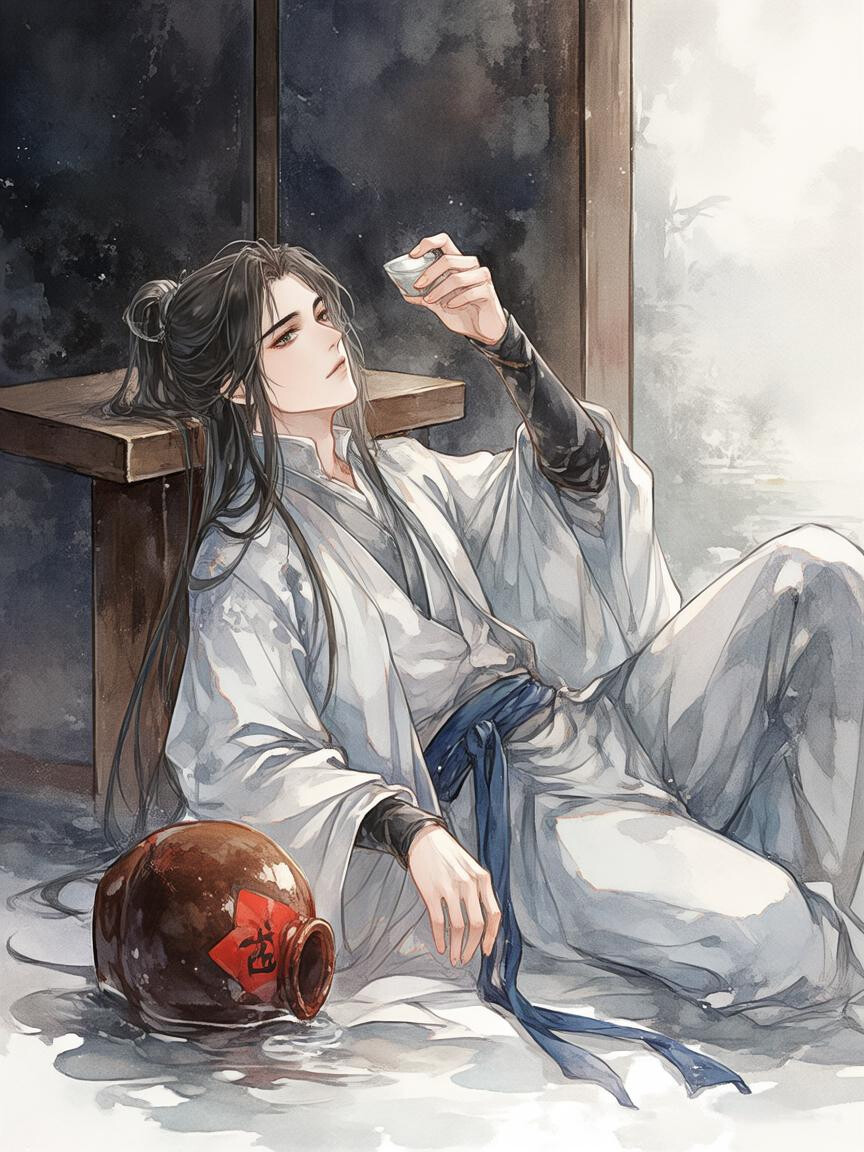 古风男子喝酒祭奠墓碑颓废