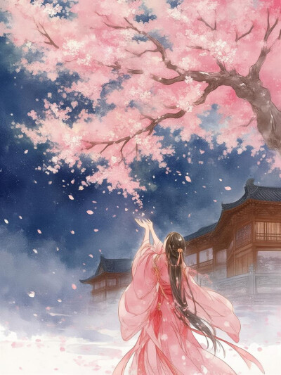 樱花雨，手捧花瓣，古风女子