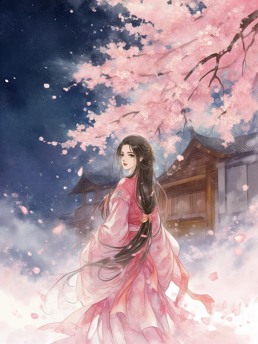 樱花，古风女子，回眸