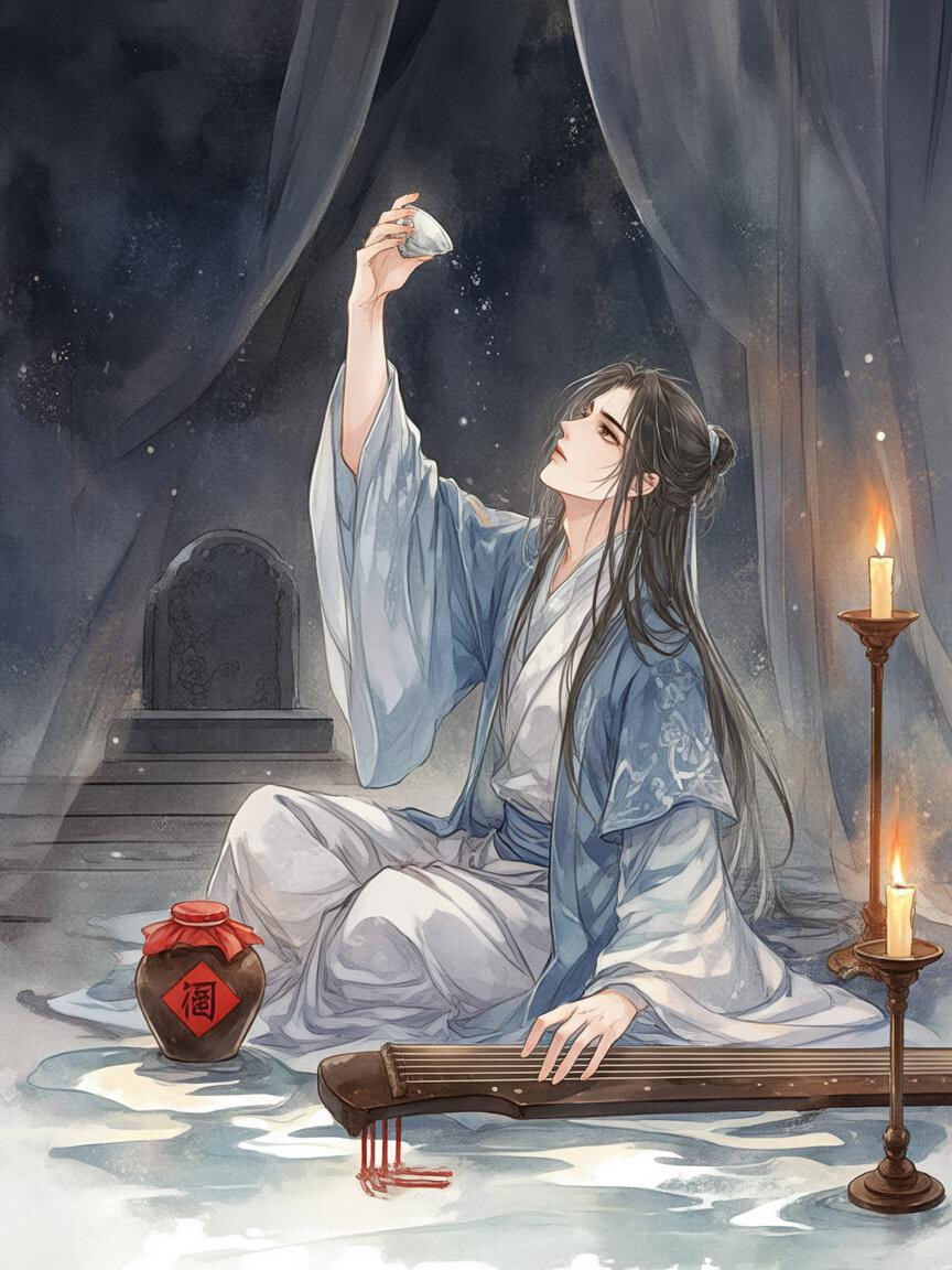 古风男子喝酒祭奠墓碑颓废