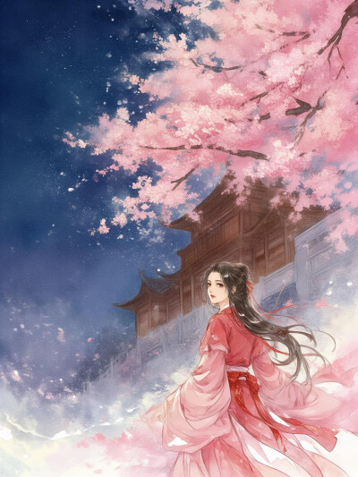 樱花，古风女子，回眸