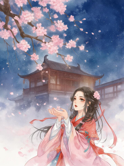 樱花雨，手捧花瓣，古风女子