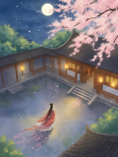 俯视，古风女子，庭院，樱花