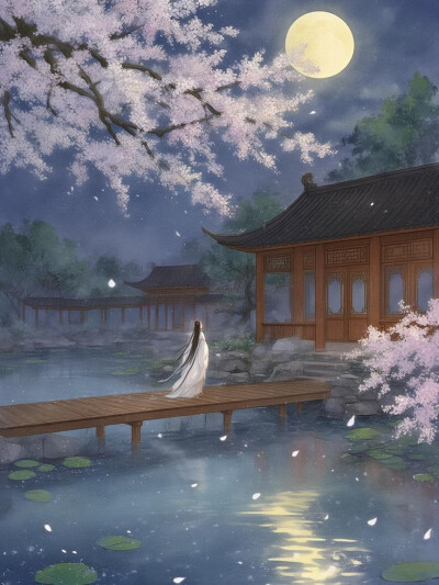 俯视，古风女子，庭院，樱花