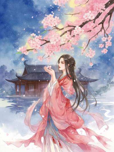 樱花雨，手捧花瓣，古风女子