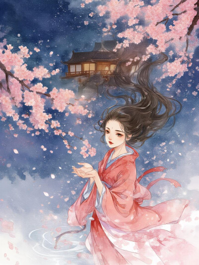 樱花雨，手捧花瓣，古风女子