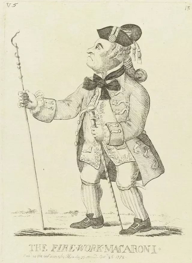 烟火花花公子（The Fire-Work Macaroni，1772），大众普遍认为这幅画描绘的正是因烟花出名的罗伯特·琼斯。
