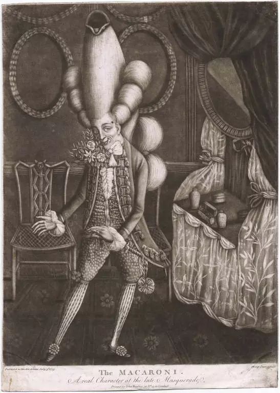 花花公子的造型。《深夜假面舞会上的他》（A Real Character at theLate Masquerade，1773）
