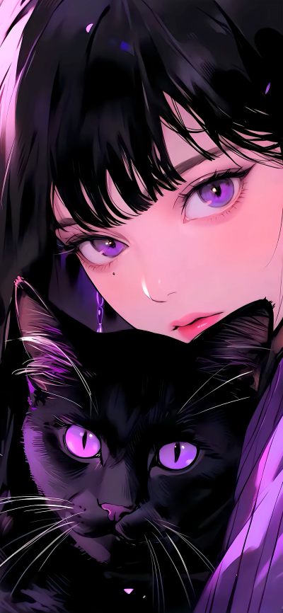 紫色美少女和猫