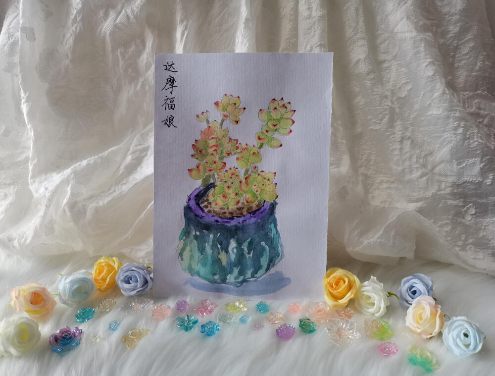 20 达摩福娘（绘画 | 水彩 | 果花甘02）
2018.05.25
如果它们变作人，那一定是精致的小姑娘。
珠圆玉润，长着没被生活欺负过的脸，气急了的时候会掉眼泪掉小珍珠。
达摩福娘，它们的叶子很精致，精致到总让人想起新疆的小白葡萄或者黄绿色葡萄，娇小玲珑，散发着被太阳晒过的独特的香味。
当时画这幅达摩福娘，画得比较满意的地方是花盆。一个充满艺术气息的大瓷罐，颜料顺着纹路流淌下来，很酣畅。
很想亲手做出一个这样的罐子。