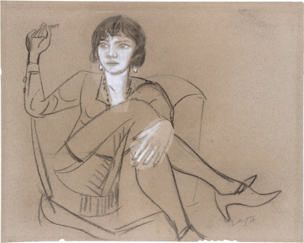 Bildnis Quappi Beckmann,1927,Kohle und weiße Kreide auf bräunlich-grauem Maschinenbütten,42.3×53.3cm