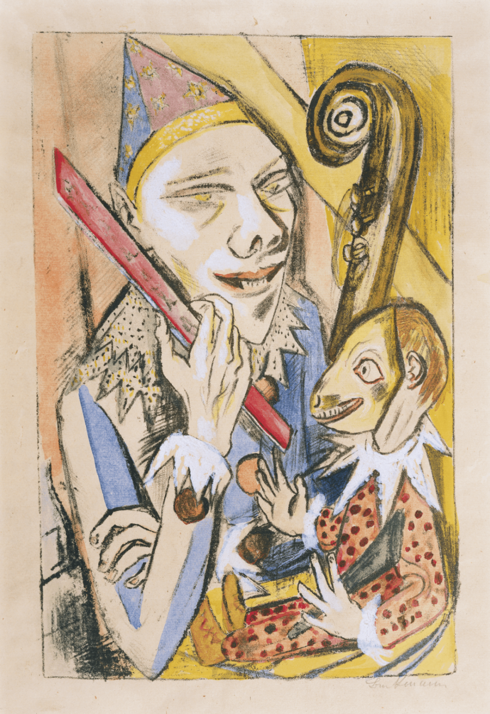 Pierrot und Maske,1920-1922 (aquarelliert),Lithografie,Aquarell und Deckweiß auf JW Zanders-Bütten,31.1×20.2cm
