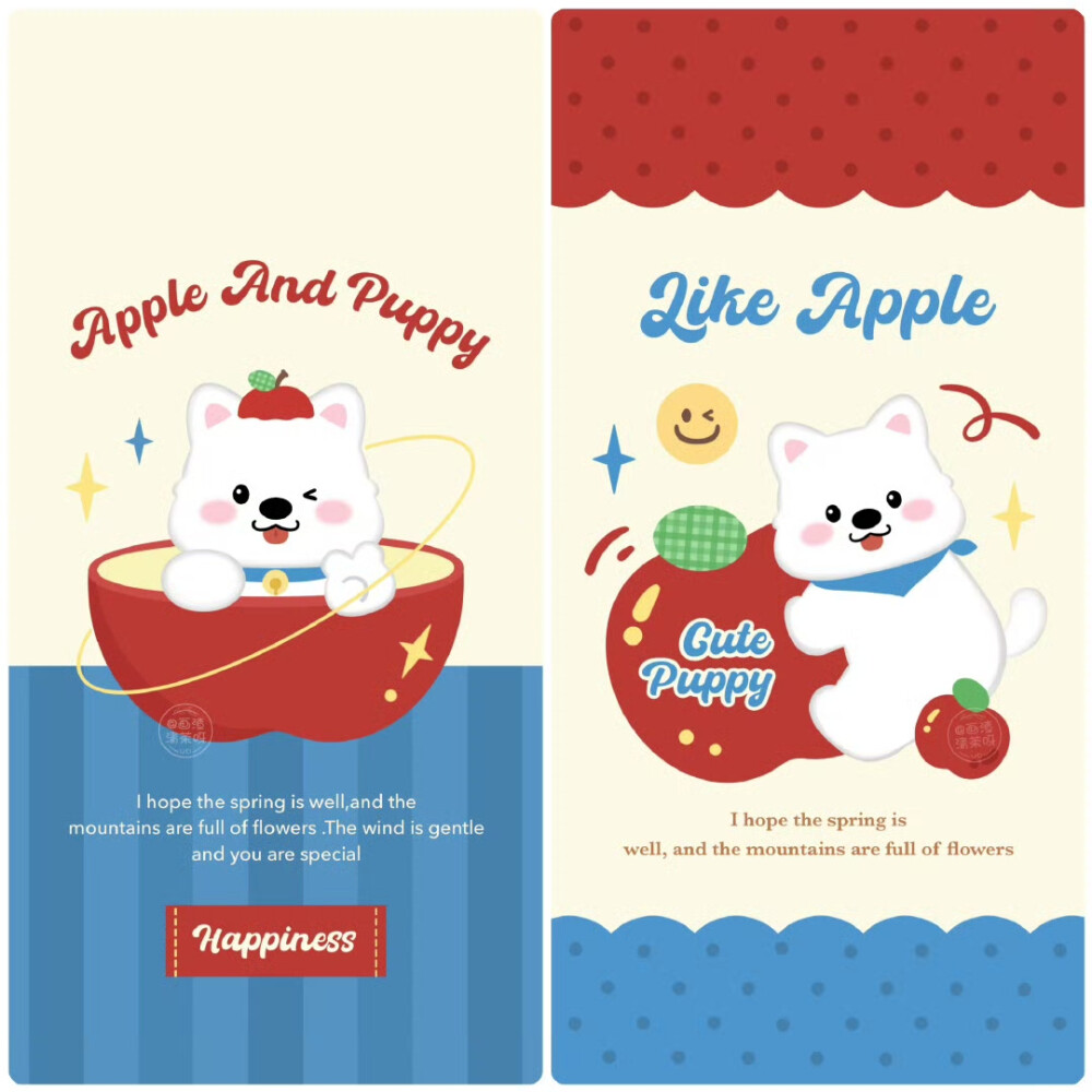 红蓝配色/苹果和萨摩耶小狗