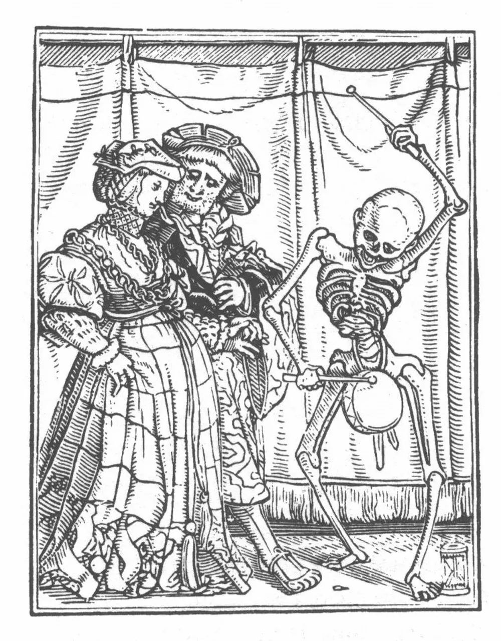  “死亡之舞”的主题，影响最大的仍然是小汉斯·荷尔拜因的《死亡之舞》（The Dance of Death）木刻版画系列。1538年由梅尔基奥尔和加斯帕.特雷克塞兄弟（BrothersMel choir and Gaspard Trechsel）在里昂印刷出版，是系列整组41幅木刻的证据（后来荷尔拜因又补充了10幅）。