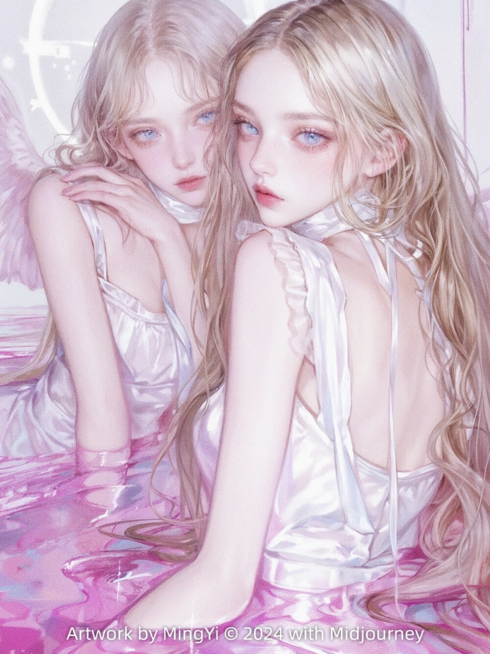 AI 双女主 粉色系插画