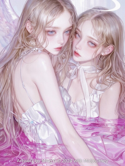 AI 双女主 粉色系插画