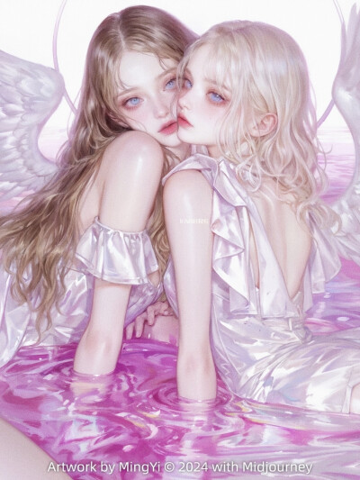 AI 双女主 粉色系插画