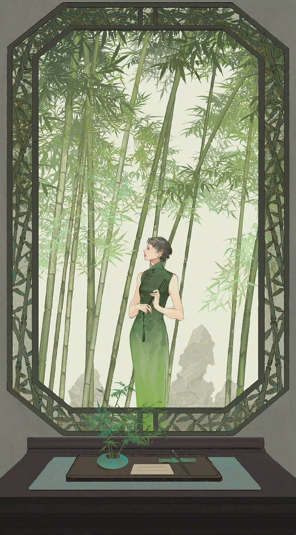 古风插画精选｜画师：伊吹鸡腿子
＃绿色＃古风＃旗袍