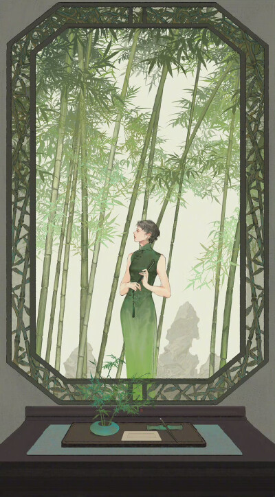 古风插画精选｜画师：伊吹鸡腿子
＃绿色＃古风＃旗袍