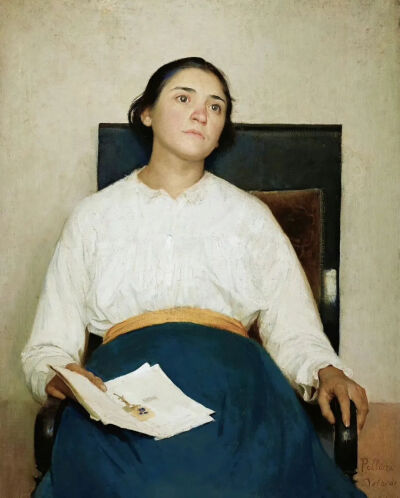 《痛苦的记忆》（桑蒂娜·奈格里的肖像）Memory of a pain（Portrait of Santina Negri）
朱塞佩·佩里泽·达·沃尔佩多（Giuseppe Pellizza da Volpedo）
1889年；尺寸未知；画布油画
意大利贝加莫·卡拉拉美术学院收藏