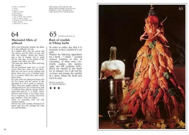 准备以下材料，做成肉汤“fumet”（意为香味浓郁的浓缩肉汤）：鱼、清炖肉汤、白葡萄酒、苦艾酒、法国干邑白兰地、盐、胡椒粉、白糖、莳萝（草本香料）。
在煮好的肉汤中放入小龙虾，煮上20分钟。再冷却24小时，然后把小龙虾们摆成跳舞的造型，把肉汤滤出，倒入杯中上桌。
