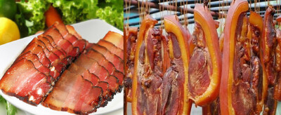 【腊肉】——腊(xi)肉是指肉经腌制后再经过烘烤(或日光下晒)的过程所制成的加工品。腊肉的防腐能力强，能延长保存时间，并增添特有的风味，这是与咸肉的主要区别。每逢冬腊月，即“小雪”至“立春”前，家家户户杀猪…