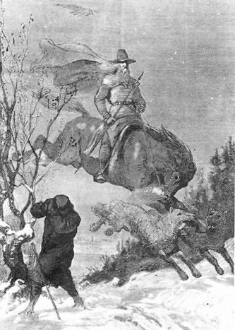 ▲ [瑞典] 奥古斯特·马尔姆斯特伦《奥丁出猎》，早于1901年，插画