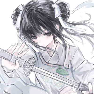 动漫手绘头像女生头像拿剑武侠黑白女头可爱