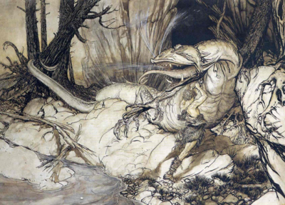 ▲ [英] 亚瑟·拉克姆《西古尔德屠龙》，1911年，插画
