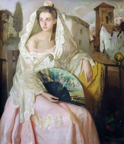 《持扇子的年轻女士像》The young lady holding a fan
弗朗西斯科·索里亚·埃多（Francisco Soria Aedo）
1953年；尺寸未知，画布油画
