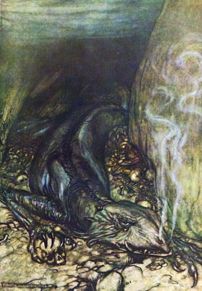 ▲ [英] 亚瑟·拉克姆《巨龙法夫纳守护宝藏》，1911年，插画