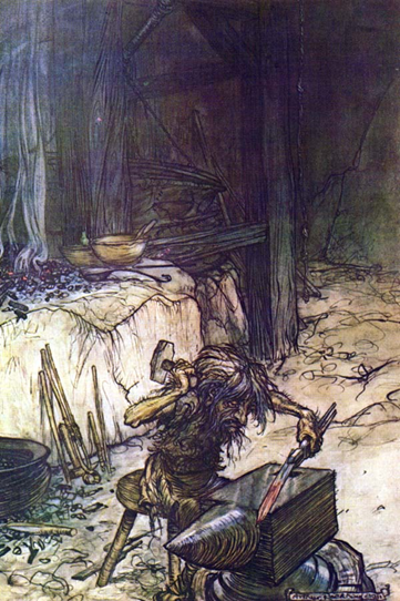 ▲ [英] 亚瑟·拉克姆《雷金为西古尔德铸剑》，1911年，插画