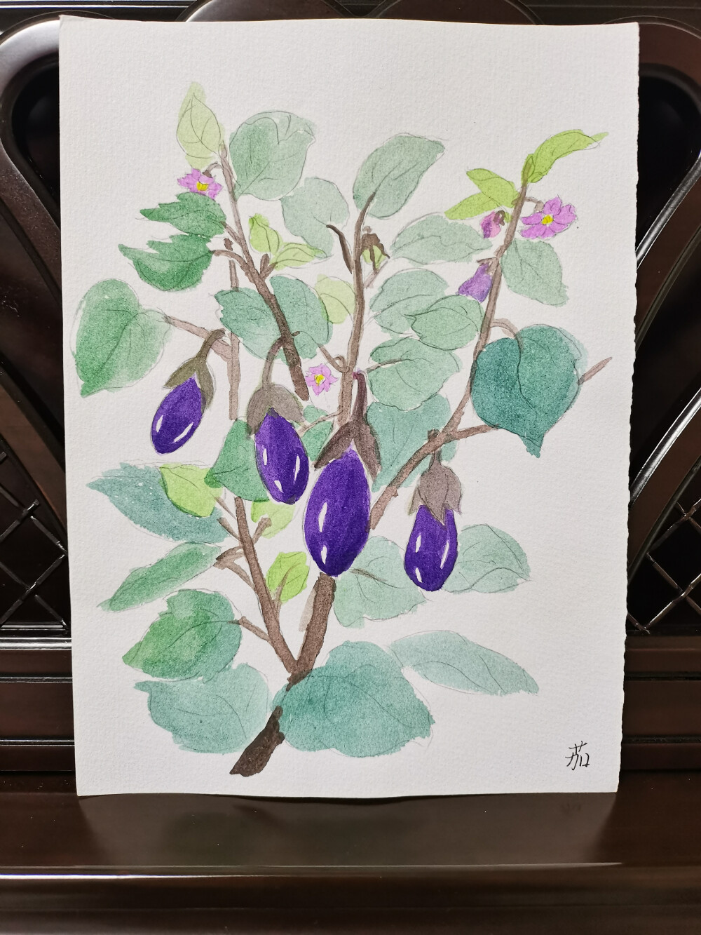 23 茄子（绘画 | 水彩 | 果花甘03）
2018.6
用深色的青莲紫，画出悬垂的竖条茄子，留出高光。
茄子比较小巧，颜色没有兑红，纯度很高，倒不像是真的茄子。像枝条戴上了青金石的耳坠，反着亮光。
叶色青绿。雨过天青，潮润的空气中有青草香。清爽的茄！