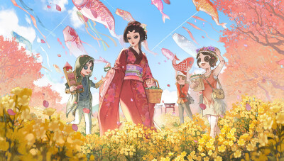 第五人格 官方 海报 日本儿童节
官方文案翻译如下↓
今天是儿童节哦！
粉色、红色、蓝色……
各种颜色的鲤鱼旗在空中游动，真是太美了！
大家喜欢什么颜色的鲤鱼旗呢？
希望大家能和艾玛分享你们的儿童节回忆，给我…