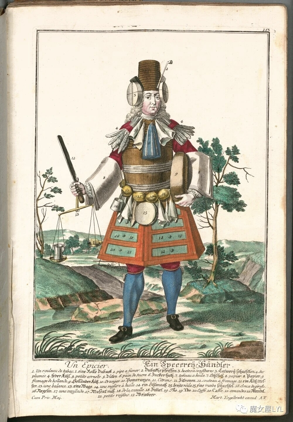 这是一本由德国的艺术家 Martin Engelbrecht 马丁·恩格尔布雷希特，在1730年出版的一本手工上色的版画书，里面出现的都是当时的艺术家，工匠，手工艺人，她们都在身上穿着自己的作品和工具，真的很好玩啊！