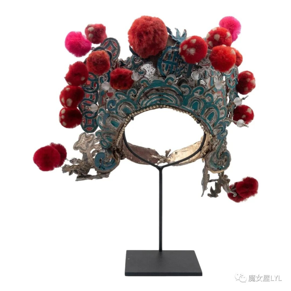 Antique Chinese Theatre Opera Headdress, Turquoise/Silver, Red/Fuchsia Pom-Poms
$1,500
