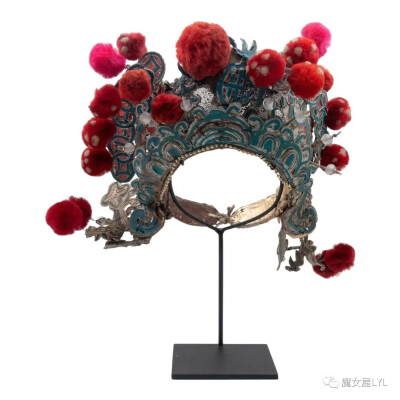 Antique Chinese Theatre Opera Headdress, Turquoise/Silver, Red/Fuchsia Pom-Poms
$1,500
