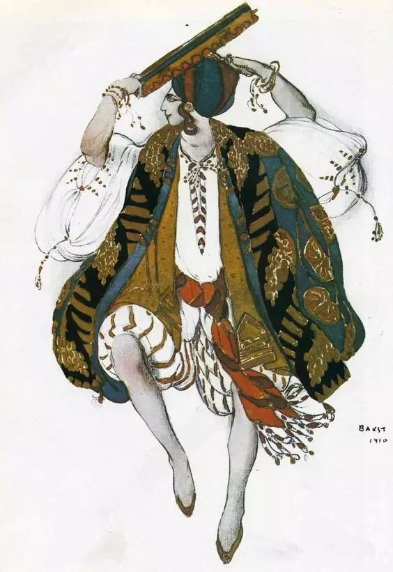 Léon Bakst
1866年1月27日——1924年12月28日
是上世纪俄罗斯芭蕾舞团的著名服装造型设计师，他的异国情调，色彩丰富的舞台服饰，为谢尔盖·达基列夫的俄罗斯芭蕾舞团增色。
今天就来看些他的作品，首先，他是一个插画师，因此服装设计稿都美轮美奂。
