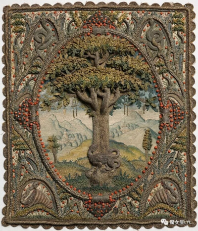 刺绣面板，作者未知，17世纪早期。
Embroidered panel. 
Designer unknown, early 17th century. Gift of Marian Hague. 
