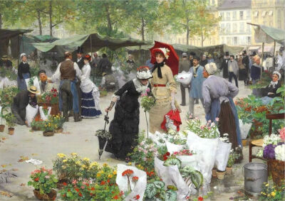 《花卉市场》The Flower Market
维克多·加布里埃尔·吉尔伯特（Victor Gabriel Gilbert）
1880年；尺寸未知；画布油画